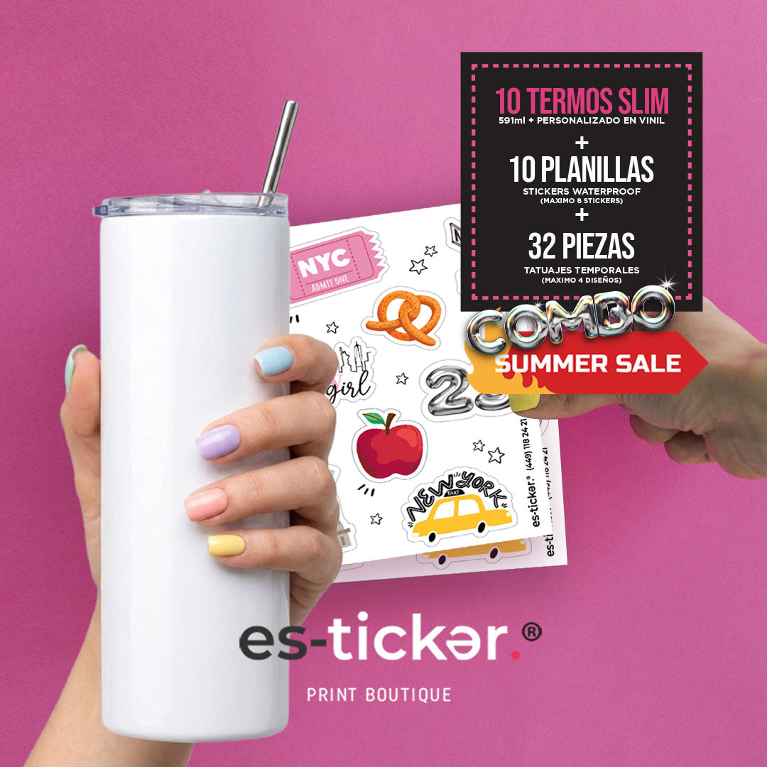 10 TERMOS SLIM + 32 TATUAJES TEMPORALES + 10 PLANILLAS DE STICKERS