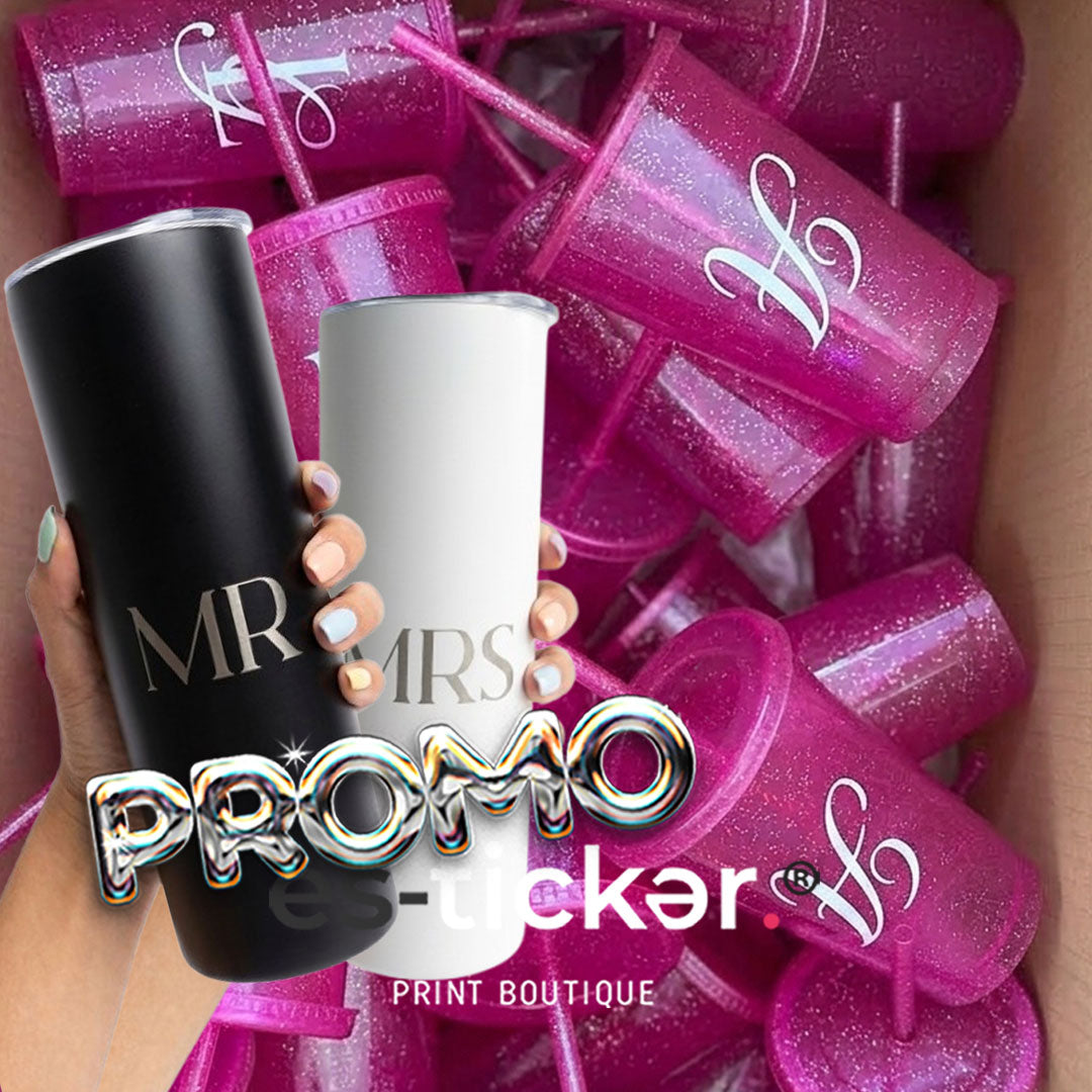 Vaso glitter 473ml con vinil + 2 Termos Slim 591ml con grabado sencillo