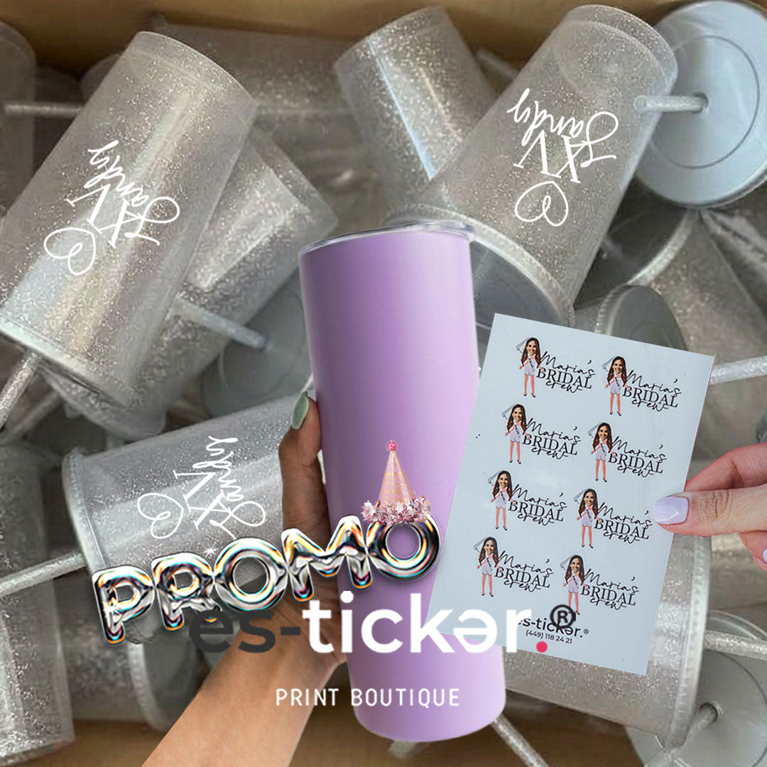 COMBO XV'S 🩷 Vaso Glitter 473ml con vinil + 1 Termos Slim 591ml con grabado sencillo + 32 Tatuajes temporales