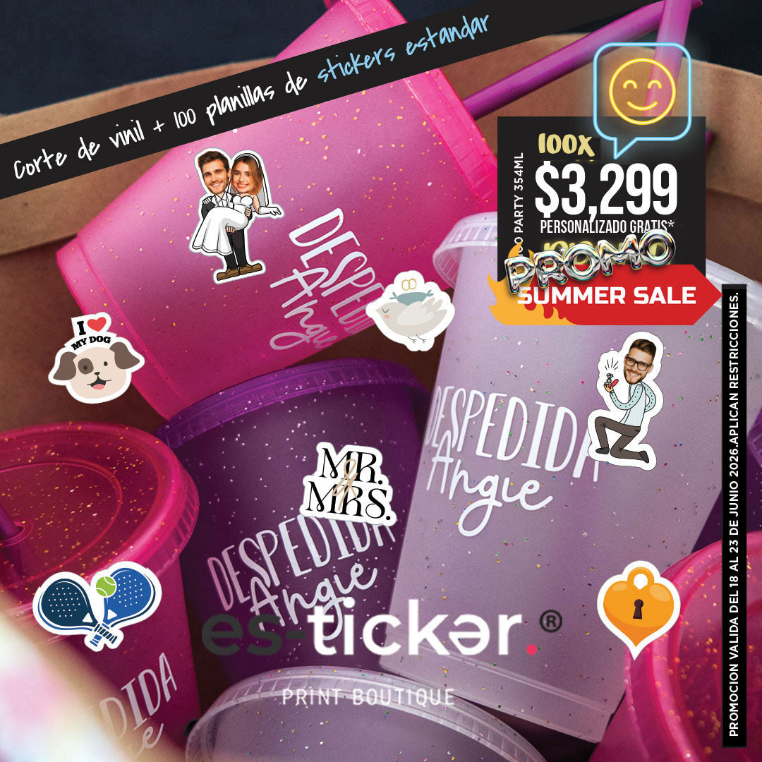 100 vasos con popote 354ml + 100 planillas de stickers estándar
