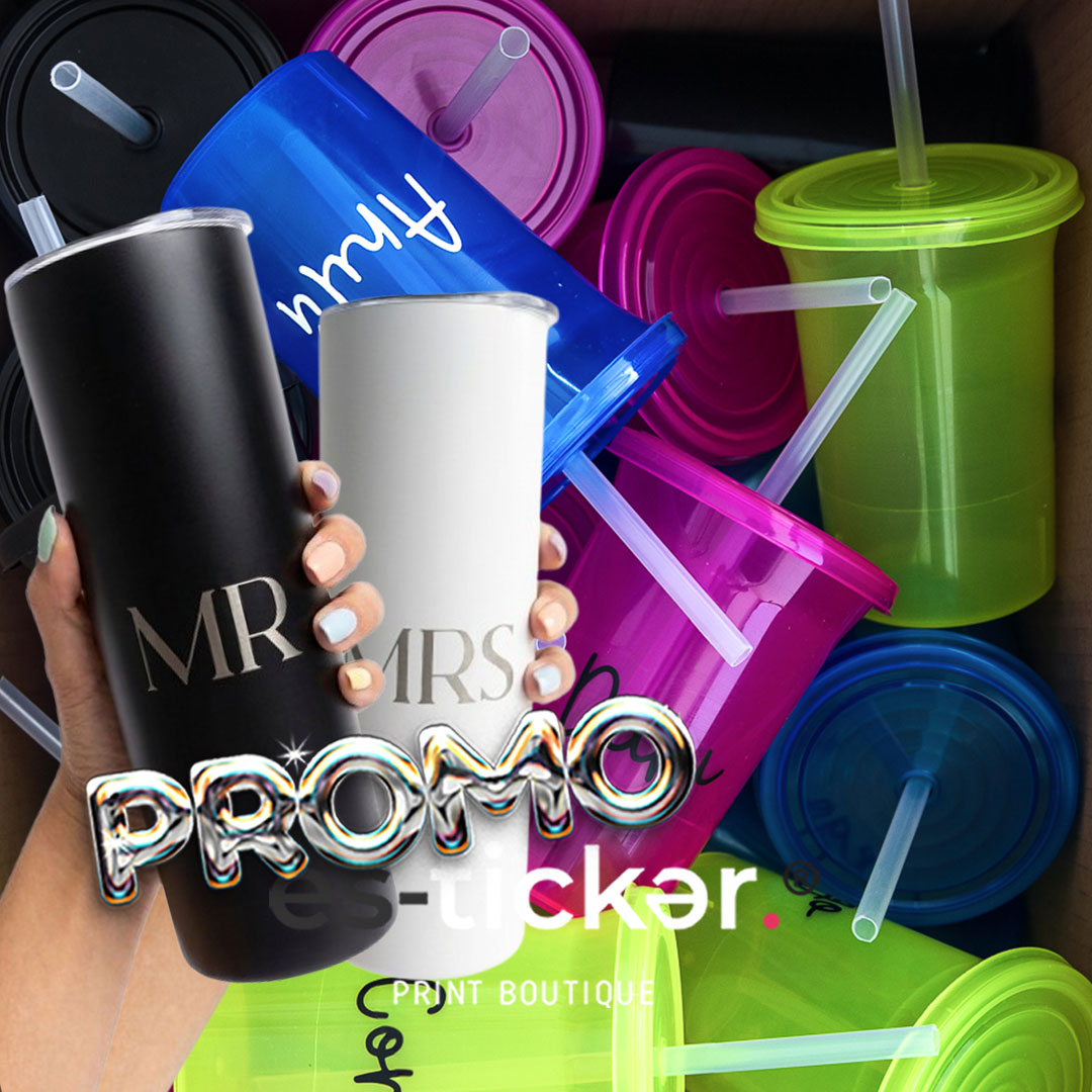 Vaso con popote 500ml con vinil + 2 Termos Slim 591ml con grabado sencillo