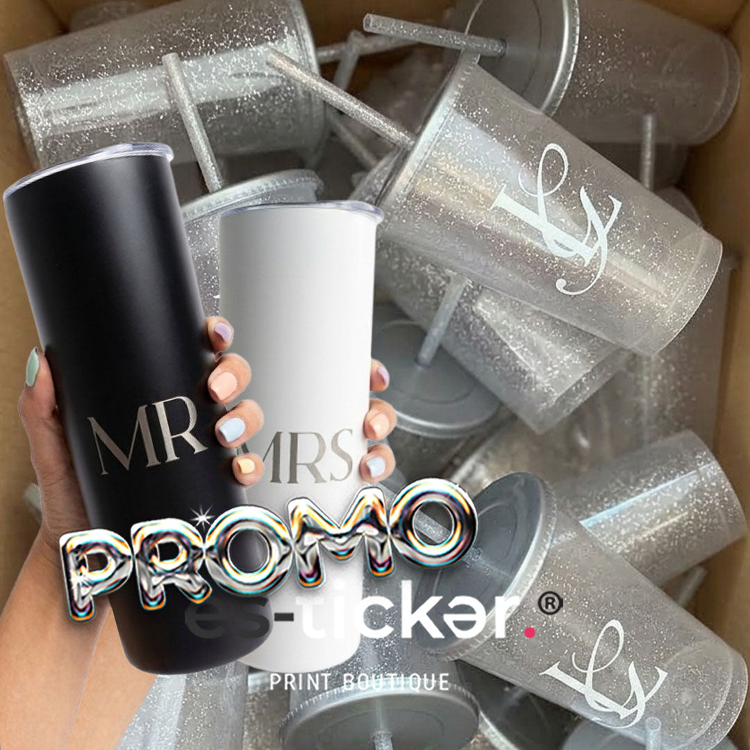 Vaso glitter 473ml con vinil + 2 Termos Slim 591ml con grabado sencillo