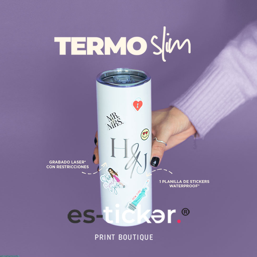 5 TERMO SLIM BLANCOS 591ML + GRABADO LASER + 5 PLANILLA DE STICKERS PREMIUM