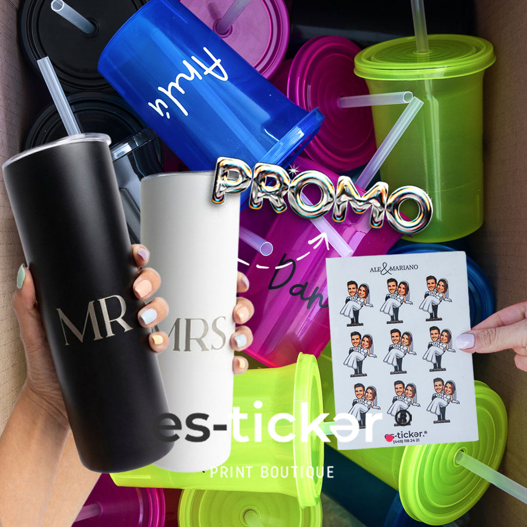 TOP COMBO: Vaso con popote 500ml +  2 termos con grabado láser + 32 tatuajes temporales